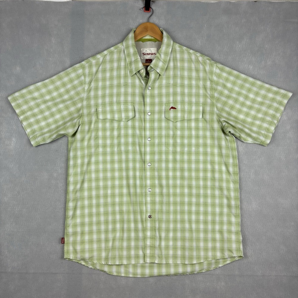 Simms Pearl Snap Shirt Men’s Large Green Plaid Western Fishing Vented Outdoors